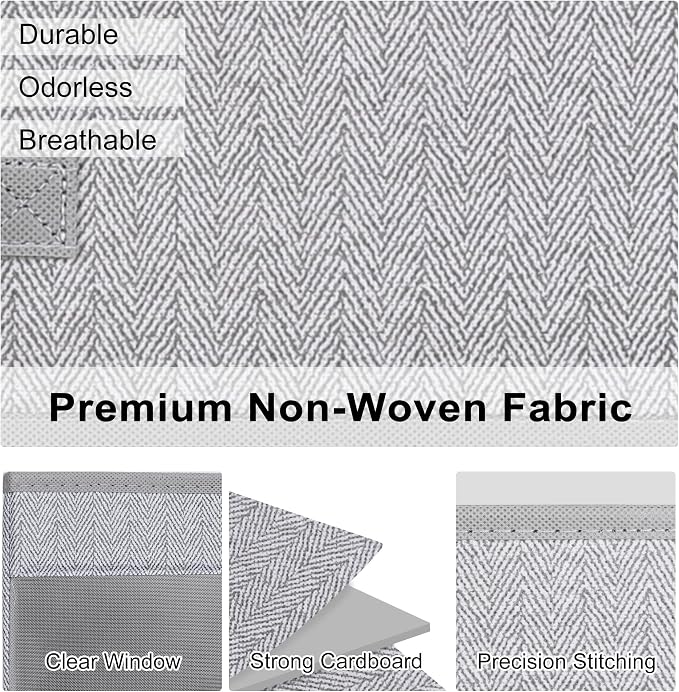 WUIKE Closet Storage Bins, Medium Storage Boxes with Clear Window, Fabric Storage Baskets for Organizing Clothes, Sheets, Blankets, Decorative Storage Bins, Herringbone Gray