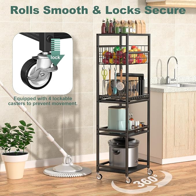 Housolution 5 Tier Kitchen Storage Cart with Fruit Basket Pot Lid Organizer | Versatile Storage, Pull-Out Cutting Board Rack, 4 Lockable Swivel Wheels, Wooden Top, for Kitchen, Pantry, Bathroom, Black