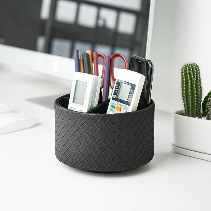 Round Leather Art Supply Organizer,Remote Control Holder,360 Degree Spinning,Multi-Functional Pencil Holder,4 Compartments Desktop Stationary Organizer(1-Weave Black)