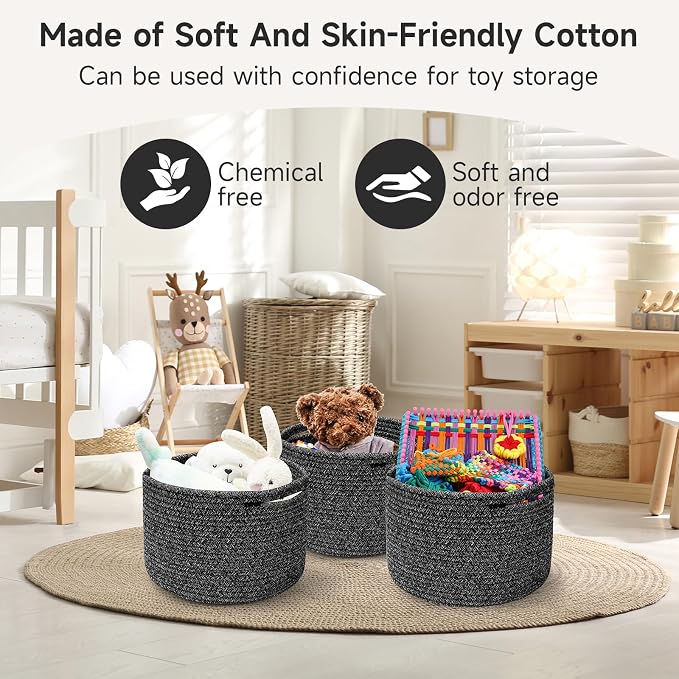 Small Rope Baskets for Storage, Baskets for Gifts Empty, Cute Round Woven Basket, Decorative Shelf Baskets 9.82×9.82×7.1", Cotton Toy Basket Storage Bins for Organizer 3 Packs Black