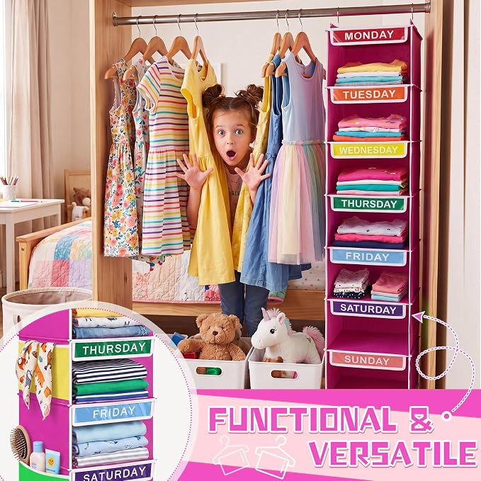Amylove 2 Pcs 7 Shelf Weekly Clothes Organizer for Kids Hanging Closet Organizer 11. 8 x 11. 8 x 50 Inch Daily Activity Kids Clothes Storage Drawers Cube Drawers Closet Hanging Shelves(Rose Pink)