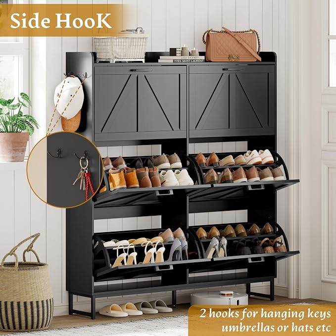 Wodeer Shoe Cabinet Storage for Entryway, Shoe Storage Cabinet with 6 Flip Drawers, Freestanding Narrow Shoe Rack Organizer with Metal Legs, Adjustable Shelves & Open Storage for Foyer, Hallway, Black
