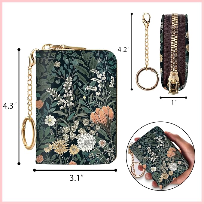 Blusabaca RFID Credit Card Holder Small Women Travel Wallet, Wildflowers | Removable Keychain, Case with Zipper, Vegan PU Leather, Cash Coin Pocket, Business Accordion Purse, Ladies Female Gift