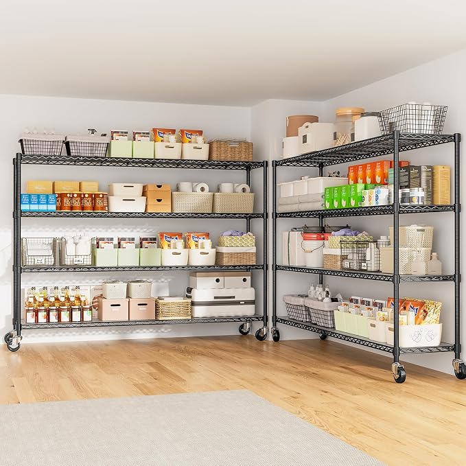 60" W x 18" D x 63.78" H Storage Shelves Wire Shelving with Wheels, Heavy Duty Metal Garage Shelving, Adjustable Wire Rack with Liners, Fits 27-Gallon Totes, for Commercial & Warehouse, 2 PCS