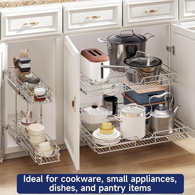 2-Tier Pull Out Cabinet Organizer, 30" W x 21.5" D, Heavy Duty Dual Slide Out Shelves for Wide Base Cabinets, Chrome Wire Basket Drawer for Pots, Pans, Pantry & Cleaning Supplies