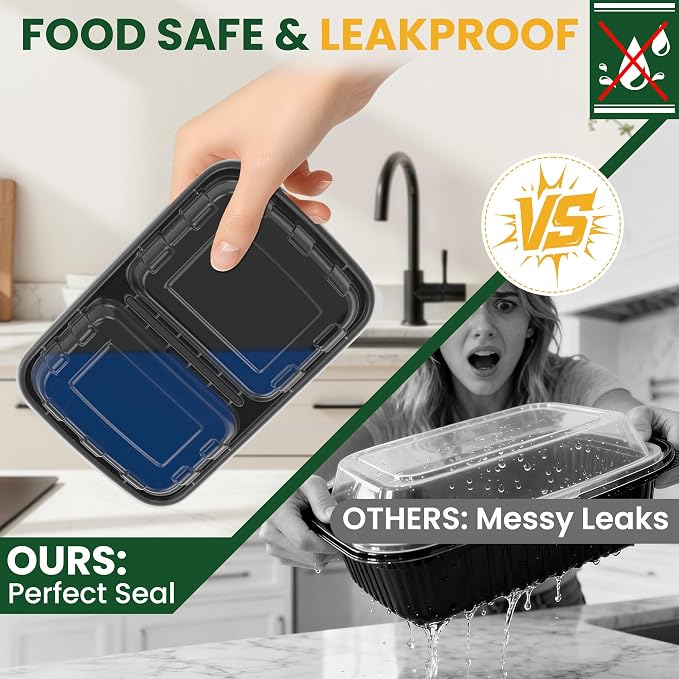 50 Pack 28oz Meal Prep Containers with Lids 2-Compartment, To Go Take Out Plastic Food Storage Containers with Lids Reusable, Leakproof Food Safe, Microwave Freezer Dishwasher Safe, Black