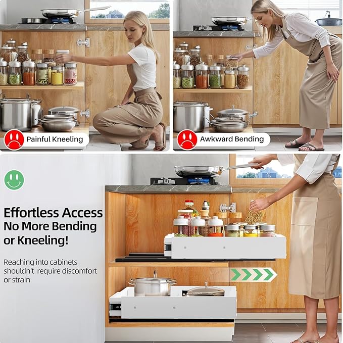 2 Pack Expandable Pull Out Cabinet Organizer, Width (12"-19" ) & Depth (16.5"-22")No Drill Adjustable Cabinet Pull Out Shelves for Kitchen,Pantry, Adhesive Roll Out Shelves for Kitchen Cabinets-White