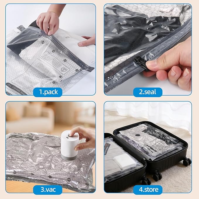 Vacuum Bags For Travel With Rechargeable Air Pump 15 Pack Compression Packing Bags for Luggage, Carry-On Space Saver for Clothes, Ideal for Dorm Living & Small Space Storage