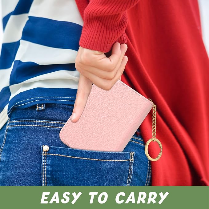 Aiawoxc Credit Card Holder for Women, Small RFID Wallet Slim Leather Business Card Organizer Case with Zipper and Keychain, Pink