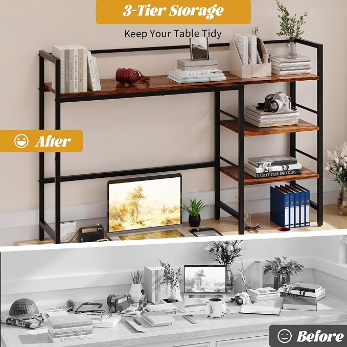 HavenlyYouth Desk Shelf, 45.4 Inch Wood Desk Organizer Shelf for Computer Monitor, Desk Hutch Storage, Desktop Shelf for Top of Desk, 3 Tier Desktop Bookshelf for Home Office Dorm, Rustic