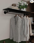 Clothes Rack 42in, Wall Mounted Garment Rack with Real Black Wood Shelf, Heavy Duty Hanging Clothes Rack, Multi-Purpose Hanging Rod, Space-Saving Closet Storage