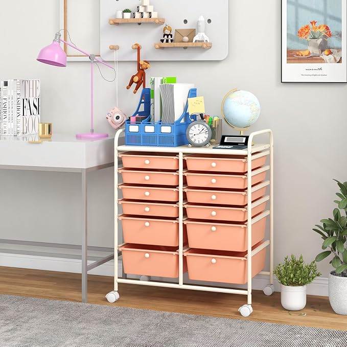 Moccha 12-Drawer Rolling Storage Cart - Utility Cart on Wheels with Lockable Casters for Craft Art Supply Paper Salon, Mobile Drawer Carts for Classroom Teacher School Office (Peach)