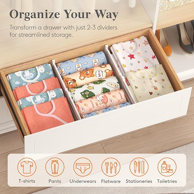 Lifewit 5" Tall 12 Pack Drawer Dividers, 30-47cm/11.5-18.5" Expandable Drawer Divider for Clothes, Adjustable Dresser Drawer Organizers, Drawers Separators for Dresser/Bathroom/Closet/Kitchen White