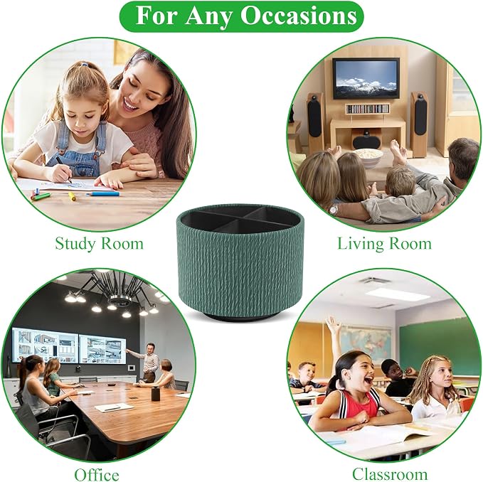 Round Leather Art Supply Organizer,Remote Control Holder,360 Degree Spinning,Multi-Functional Pencil Holder,4 Compartments Desktop Stationary Organizer(1-Wood Green)