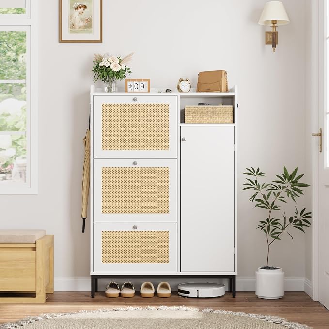 GarveeHome Shoe Cabinet Rattan with 3 Flip Drawers and 4-Tier Shoe Storage Cabinet, Freestanding Shoe Organizer with Adjustable Shelves for Entryway, Closet, Hallway (White)