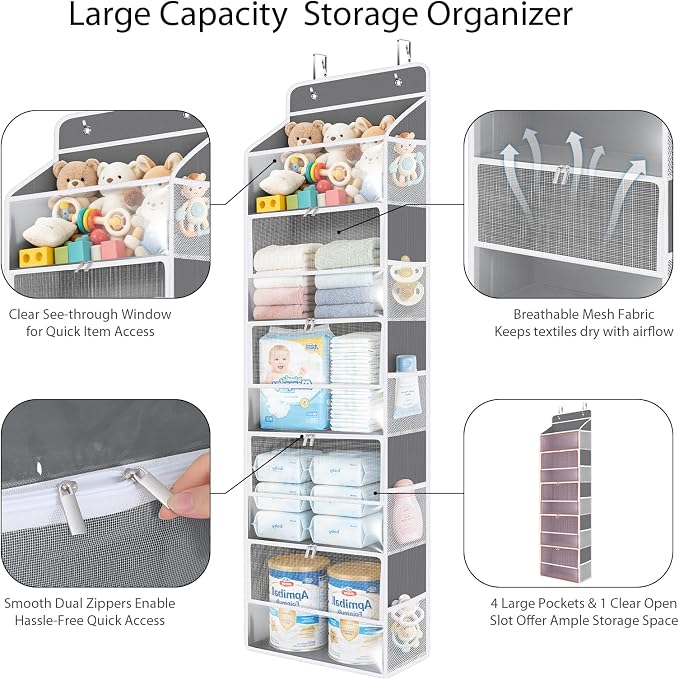 Univivi Over the Door Organizer for Baby Essential, 5-shelf, Light Gray | Fabric Baby Door Organizer, Large Compartments and Mesh Side Pockets, Storage for Baby Nursery, Laundry, Bedroom and Bathroom