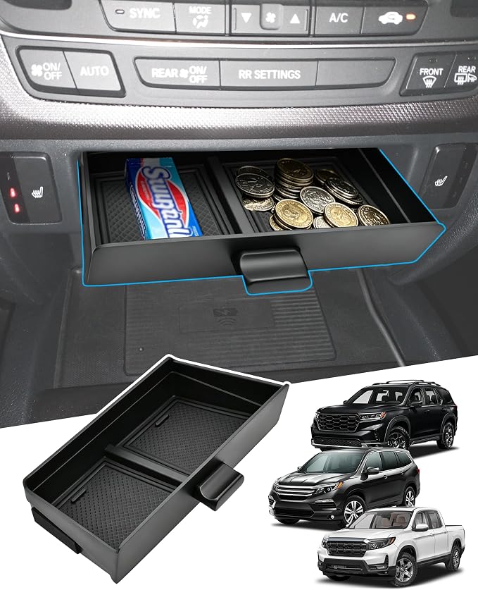 Center Console Organizer for Honda Ridgeline 2017-2026/ Pilot 2016-2022 | for Passport 2019-2025, ABS Material & Anti-Slip Drawer Storage Box Insert, Hidden Cubby Organizer Only Fit Models with Cubby