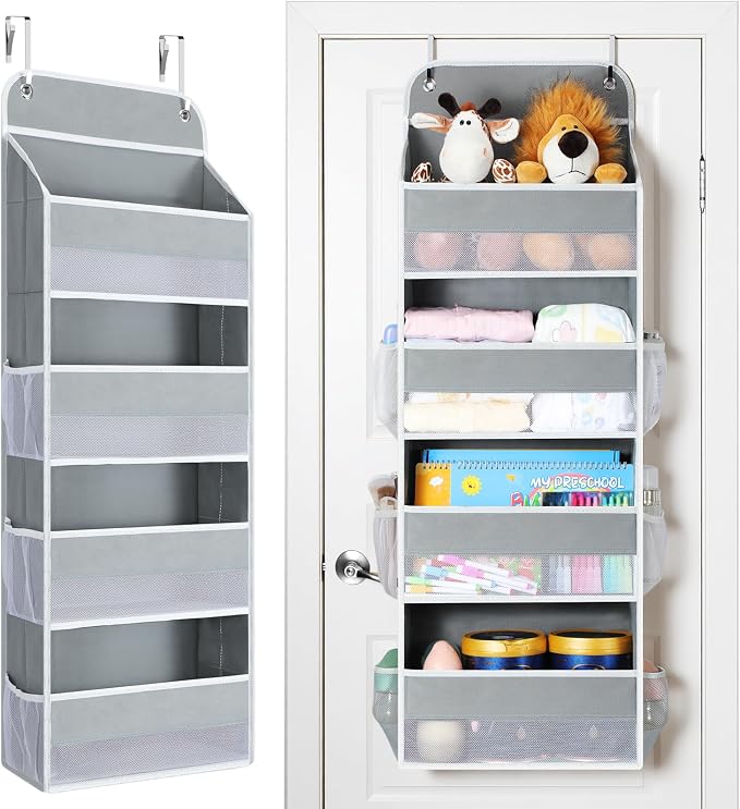 Yecaye Over The Door Organizer, Heavy Duty Hanging Organizers and Storage with 4 Large Capacity Pockets, Swing-Proof Behind The Door Storage for Bathroom Nursery Bedroom Dorm Closet, Grey,1Pc