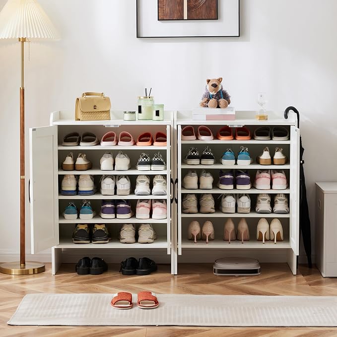 Mericonia Farmhouse Shoe Cabinet with Doors, Modern Large 5-Tier Shoe Storage Cabinet with Adjustable Shelves, Wooden Shoe Organizer for Entryway, Hallway, Closet, Bedroom, Living Room