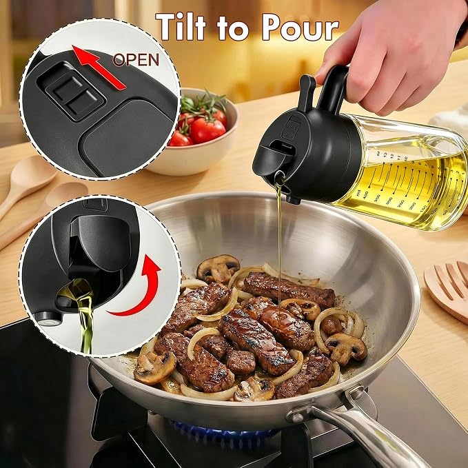 Poshetion 2 in 1 Olive Oil Sprayer for Cooking, 16oz Oil Dispenser for Kitchen, Leak-Proof Oil Spray Bottle for Air Fryer, Salad, BBQ, Baking, Grilling - Black & Green