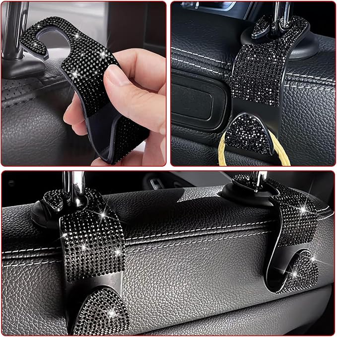 4PCS Bling Car Seat Headrest Hooks, Vehicle Back Seat Purse Handbag Hanging Holder with Crystal Rhinestone, Diamond Storage Organizer Hook,Bling Car Accessories for Women (Black)