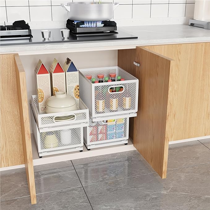 Pull Out Cabinet Organizer, Slide Out Drawers Fixed with Adhesive Nano Film, Pantry Shelves Sliding Drawer Storage Organization for Kitchen (Double Layer 15.7*9.4*14.45inch/40*24*36.7cm)