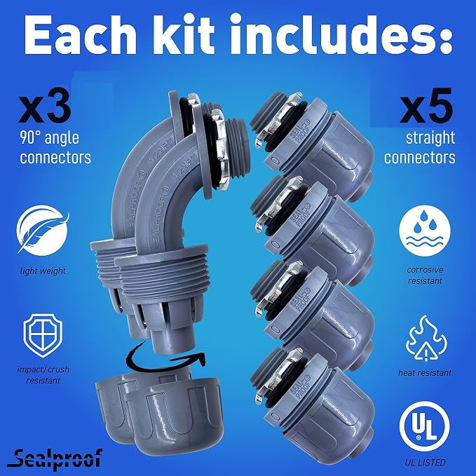 Sealproof 3/4-Inch Non-metallic Liquid-Tight Conduit and Connector Kit, 50 Foot Made in USA Flexible Electrical Conduit Type B with 5 Straight and 3 90-Degree Conduit Connector Fittings, 0.75" Dia