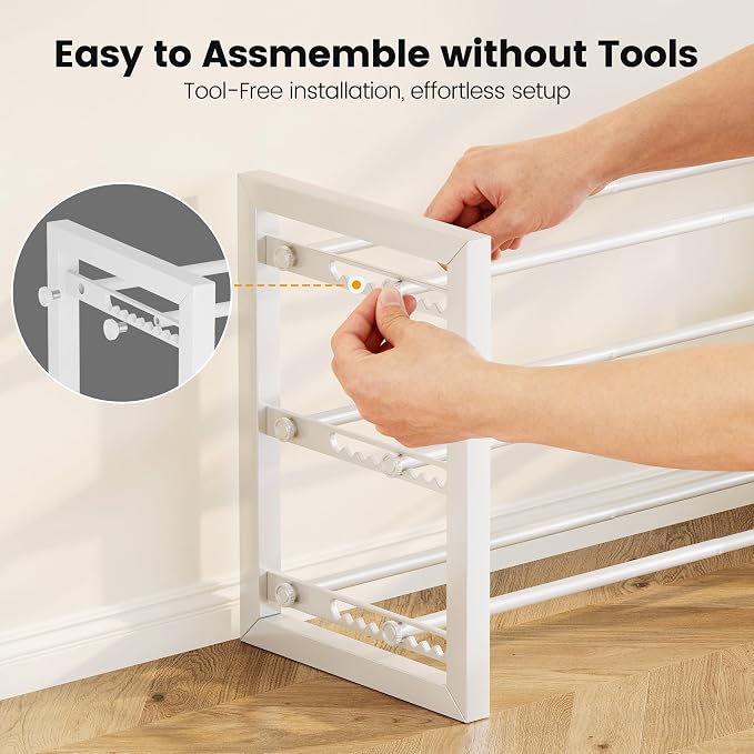 Homeiju Expandable Shoe Rack, 3 Tier Metal Shoe Shelf, Adjustable Shoe Stand for Sneakers, Boots, Heels, Heavy-Duty Steel Standing Shoe Organizer for Entryway, Closet, Bedroom, White