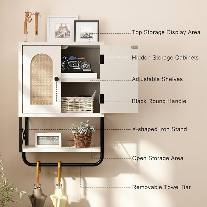 RUSTOWN Rattan Bathroom Wall Cabinet, Boho Over The Toilet Storage Cabinet | Arched Rattan Doors, Modern Medicine Cabinet, Adjustable Shelves, Towel Bar, Vintage White