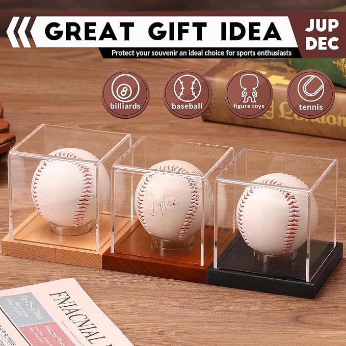 JupDec Baseball Display Case 4 Pack, Clear Cube Baseball Holder with Wooden Base, Autograph Baseball Stand Box for Single Ball, Brown