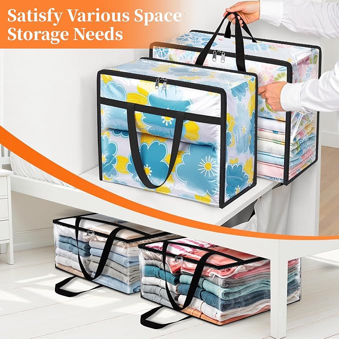 SpaceTrove Clear Clothes Storage Bags, 4 Pack Closet Organizers and Under Bed Storage Containers, Foldable Moving Bags with Zippers for Comforter, Blanket, Bedding, Duvet, PVC Packing Bags 90L