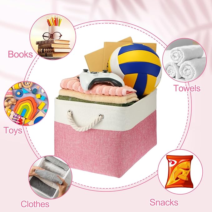 meekoo 8 Pack Collapsible Storage Bins Fabric Storage Bins Polyester Fabric Baskets with Handles Linen Closet Organizer for Shelf Home Closet Towels Toys(15 x 11 x 9.5 in,Pink White)