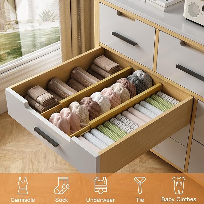Bamboo Drawer Dividers,17-22" Adjustable Kitchen Drawer Organizer for Clothes,4 Pack Expandable Drawer Organization Separators for Bedroom,Bathroom,Dresser and Office,Natural