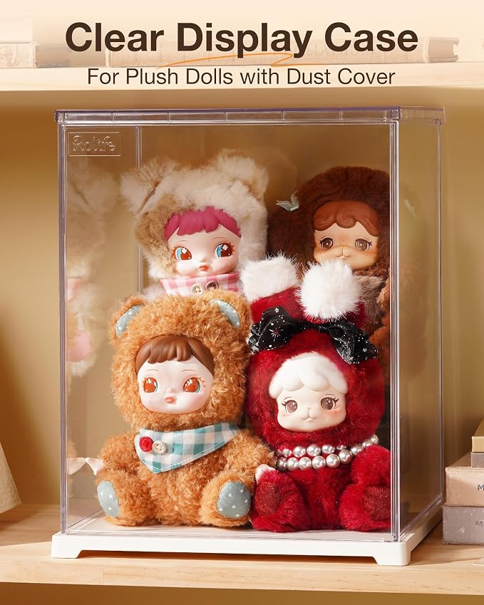 Rolife Acrylic Display Case Dust Cover for Collectibles, Dustproof Protection Showcase with White Base with Door for Plush Toy, Book Nook & Daily Goods (12.2''x9.8''x9.8'')