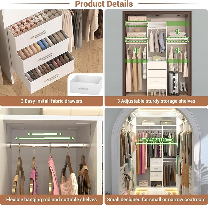 Besiost 4FT Small Closet System with 3 Fabric Drawers, 48'' Closet Organizer System With 3 Adjustable Shelves, Flexible Built-In Clothes Garment Rack for Small Space, 48" L x 13" W x 71" H, Pure White