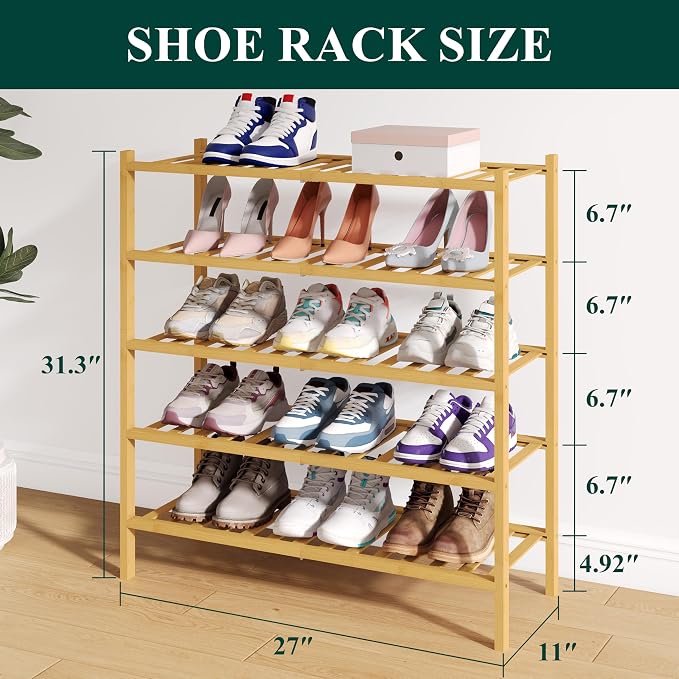 Smiry Bamboo Shoe Rack for Closet, 5 Tier Wooden Shoe Organizer, Stackable Wood Shoe Storage Shelf for Entryway, 14 Vertical Slats, 2+3 Stack Heavy-Duty Legs, 26.77"x11.02"x31.3", Natural