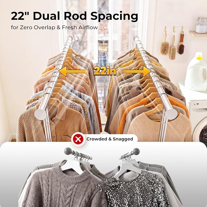 HOKEEPER Clothes Rack Heavy Duty Clothing Rack Load 650 LBS Collapsible Garment Rack with Wheels Double Rod Clothes Rack for Hanging Clothes Commercial Portable Closet Rack with Shelves 22"D*75"W*68"H