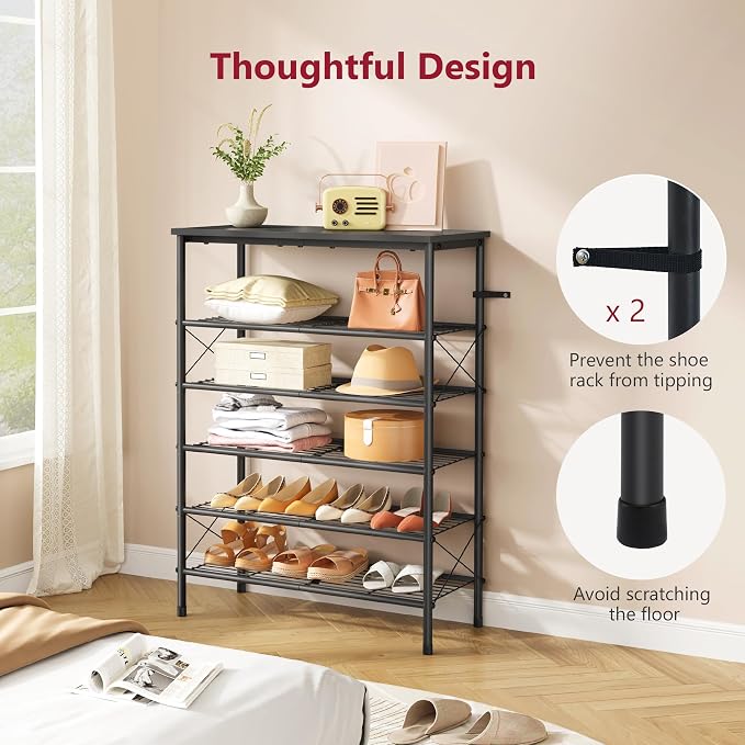 Tajsoon 6 Tier Shoe Rack for 20-24 Pairs of Shoes, Black | X Shape Fixed Frame, Metal Mesh Shoe Shelf, Industrial, For Closet, For Entryway Shoe Storage