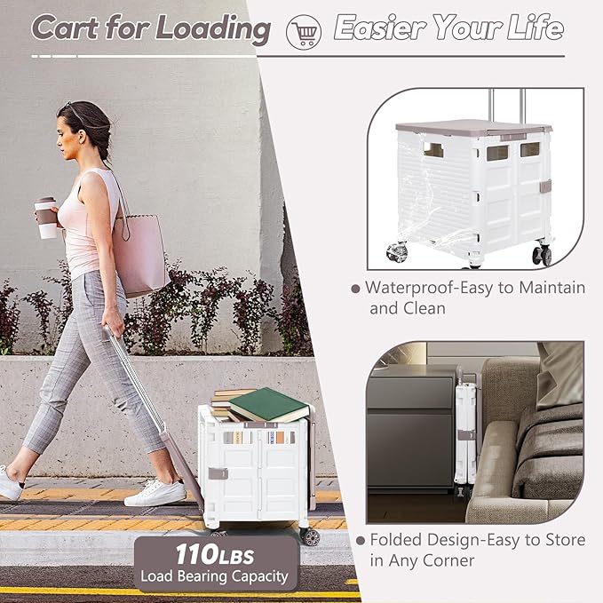 FELICON SELORSS Folding Utility Cart Rolling Crate Tote Basket Box Storage Handcart on 4 Swivel Wheels with Adjustable Handle Extended Magnetic Lid for Teacher Move Shop Travel Grocery Office(White)