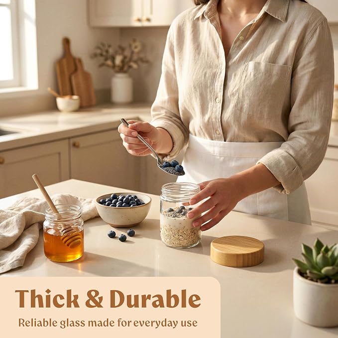 EDELHAUS Overnight Oats Containers with Lids Bamboo (4 x 16oz) Glass Jars for Oatmeal, Meal Prep, Food Storage | Leak-Proof Mason Jars for Oats, Cereal, Yogurt, Chia Pudding [Thicker Glass 3mm]