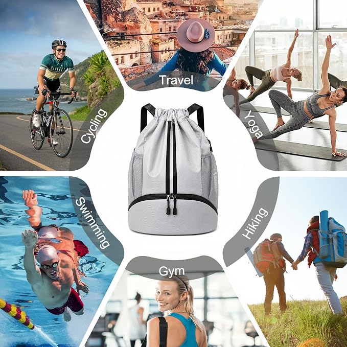 Hoedia Sports Drawstring Backpack - Swim Gym Bag for Women and Men | String Bag with Shoes Compartment and Wet Proof Pocket, Adjustable Wider Shoulder Strap, For Soccer, Basketabll, Volleyball
