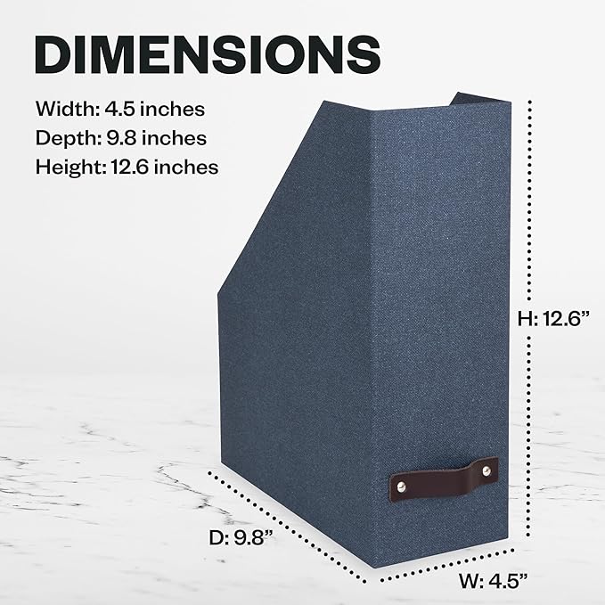 Bigso Box of Sweden Estelle Canvas Fiberboard Upright Magazine Holder and Organizer for Papers and Catalogs with Leather Handle - Magazine File Holder for Office Desks - 12.6in x 4.5in x 9.8in - Blue