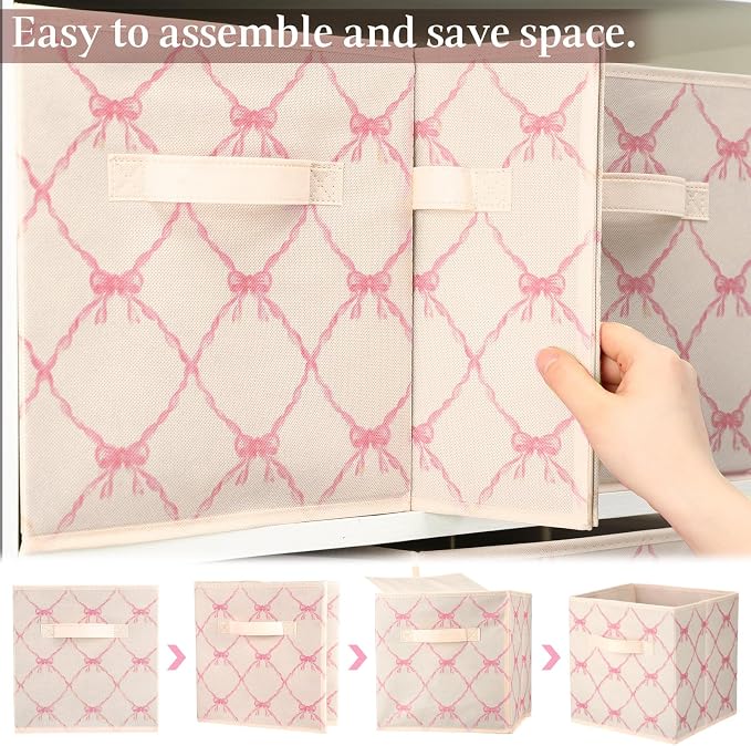Geelin 6 Pcs Beige Bow Cube Storage Bins 11 Inch Storage Basket with Handle, Preppy Girls Organizer Basket, Collapsible Fabric Box for Classroom Bedrooms Office Home Decoration Gift