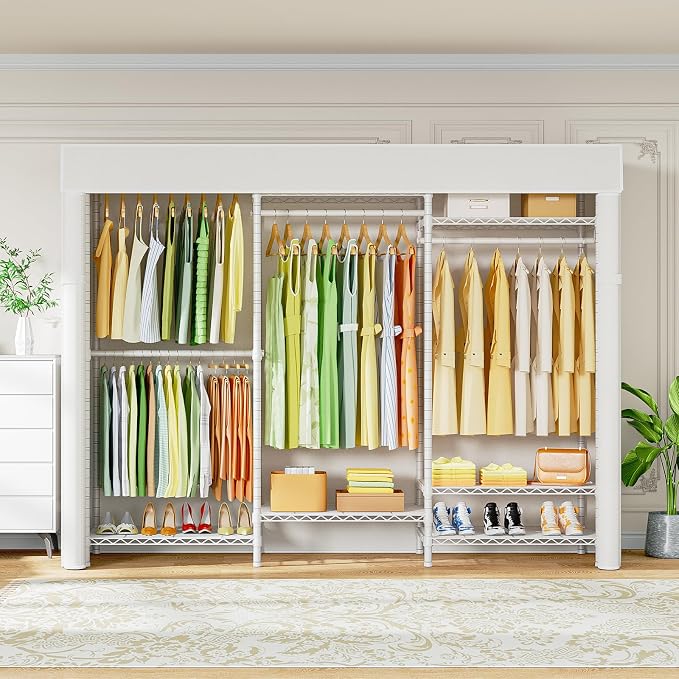 Ulif E13C Heavy Duty Closet Organizer System，Freestanding Clothing Racks for Hanging Clothes，Adjustable Garment Rack 63" W x 16" D x 77" H Hold 960 lbs，White Clothing Rack with White Dustproof Cover