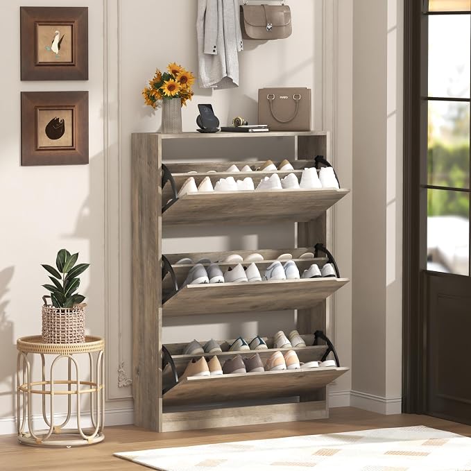 Wodeer Narrow Shoe Cabinet for Entryway, Slim Shoe Storage Cabinet with 3 Flip Drawers, Hidden Wood Shoe Cabinet Storage, Freestanding Shoe Rack Organizer Foyer, Hallway, Grey