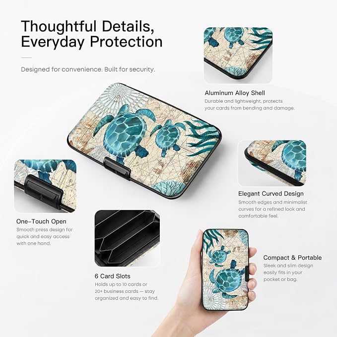 Credit Card Holder RFID Aluminum card case Sea Turtle mini Wallet Women Men | ABS Business ID Case,Hard Case Large Capacity 6 Slots, Waterproof Durable ，Secure Closure Slim Small Credit Card Protector