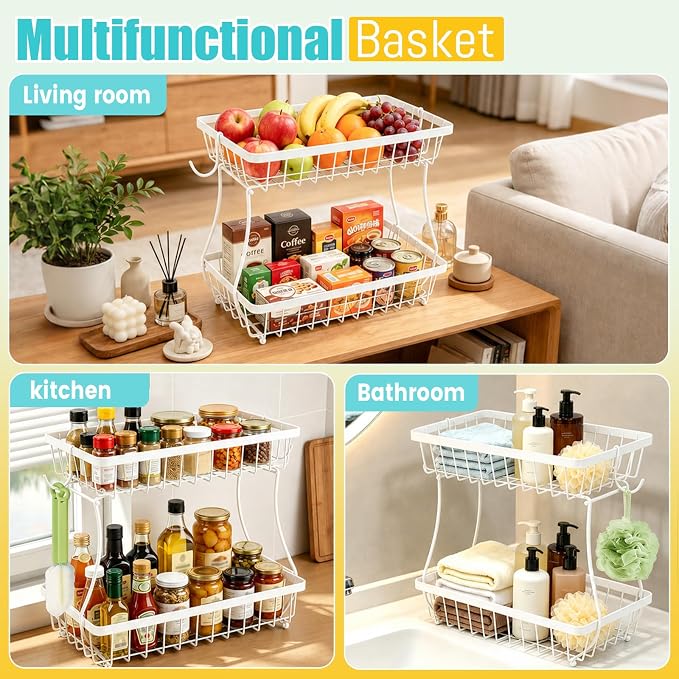 2-Tier Fruit Basket for Kitchen Counter with 2 Banana Hangers | Large Metal Fruit Bowl, Versatile Holder for Veggies, Produce Storage, 12.5"×7.5"×12"-White