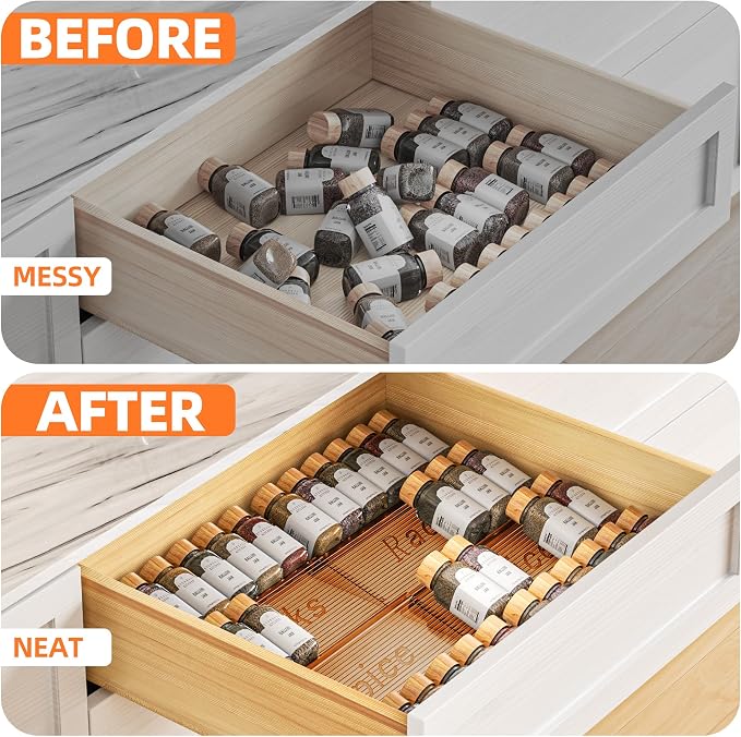 PanPanPal 8 Packs Spice Drawer Organizer, 2-Tier Acrylic Drawer Seasoning Organizer, Expandable From 11'' to 22'' Kitchen Spice Rack Organizers and Storage for Drawer (Jars not included), Amber