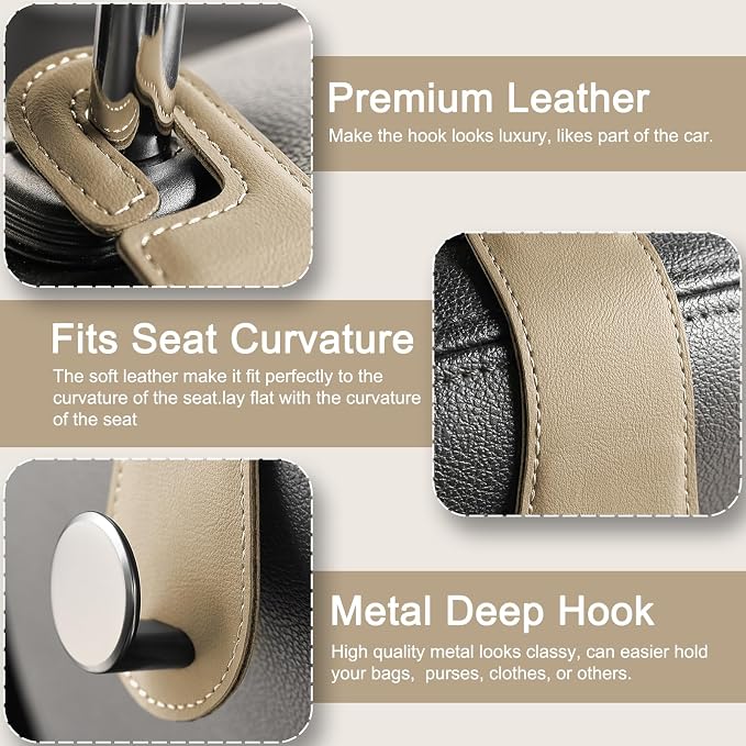 JESTOP Car Headrest Hooks, 2 Pack Leather Car Seat Storage Hanger for Purses Bags, Stylish Car Seat Organizer Hooks for Handbag Coat Umbrellas, Car Inside Accessories, Apricot