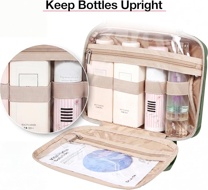 BAGSMART Toiletry Bag Hanging Travel Makeup Organizer with TSA Approved Transparent Cosmetic Bag Makeup Bag for Full Sized Toiletries, Large-Green